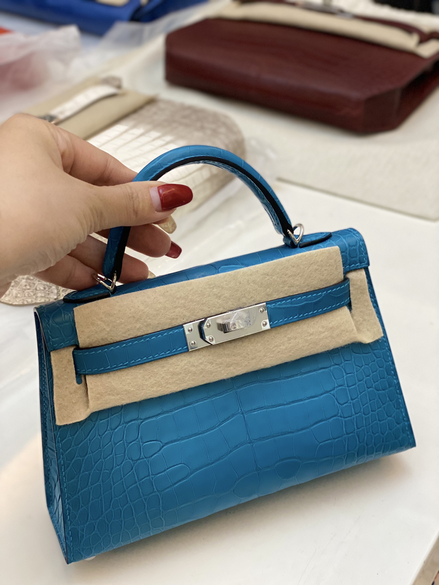 Hermes Kelly Mini II Bag 19CM In Blue Azteque Matte Alligator Leather